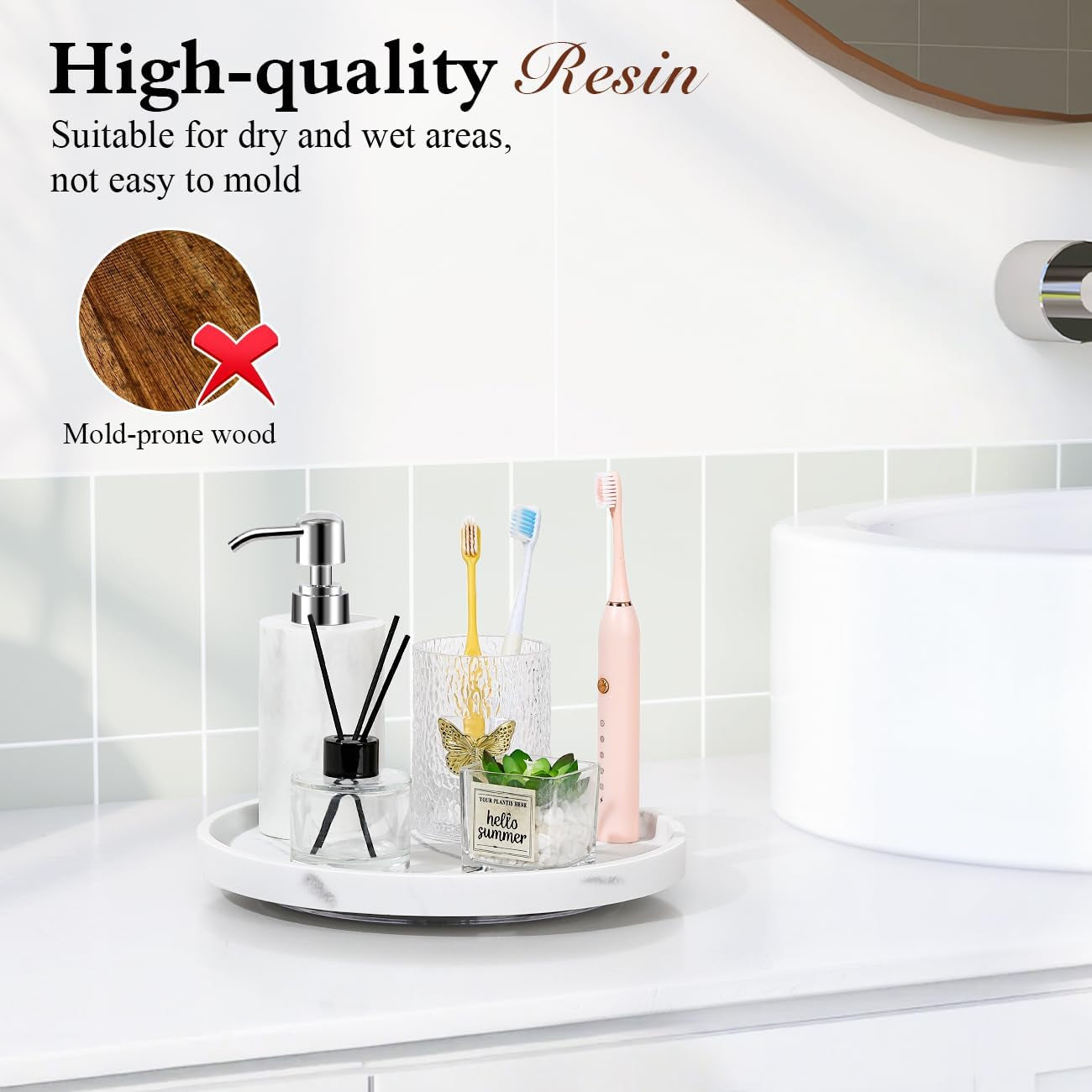 Turntable Lazy Susan for Table Top, Marble round Tray 10.63 Inch, Lazy Susan for Cabinet Dining Table Kitchen Pantry, Rotating Bathroom Countertop Organizer, Gravel White