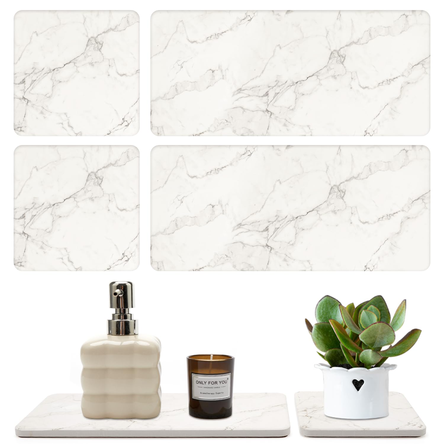 4 Pcs Water Absorbing Stone Drying Trays for Sink Bathroom Accessories Kitchen Soap Tray Toothbrush Vanity Tray Ceramic Soap Dispenser Dish Holder Marble Kitchen Counter Bathroom Sink Tray Organizer