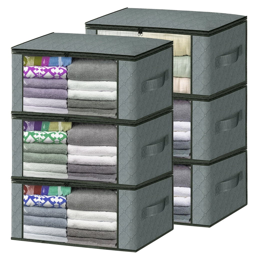 Foldable Storage Box, 6 Pack Clothes Organizer with Clear Windows, Sturdy Handles Storage Bag 19.7 X 13.78 X 7.87 Inches, Gray