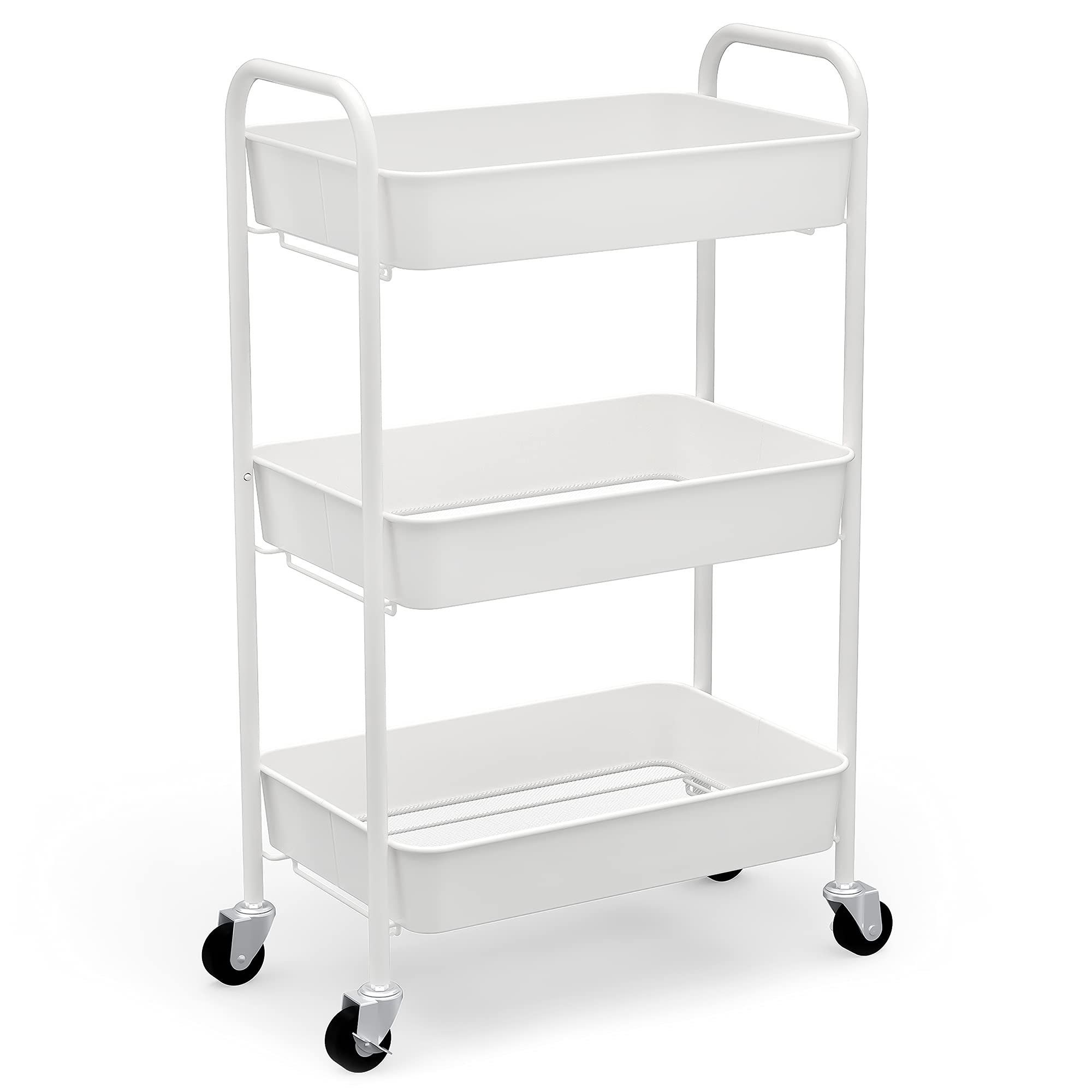 CAXXA 3-Tier Rolling Metal Storage Organizer - Mobile Utility Cart Kitchen Cart with Caster Wheels White