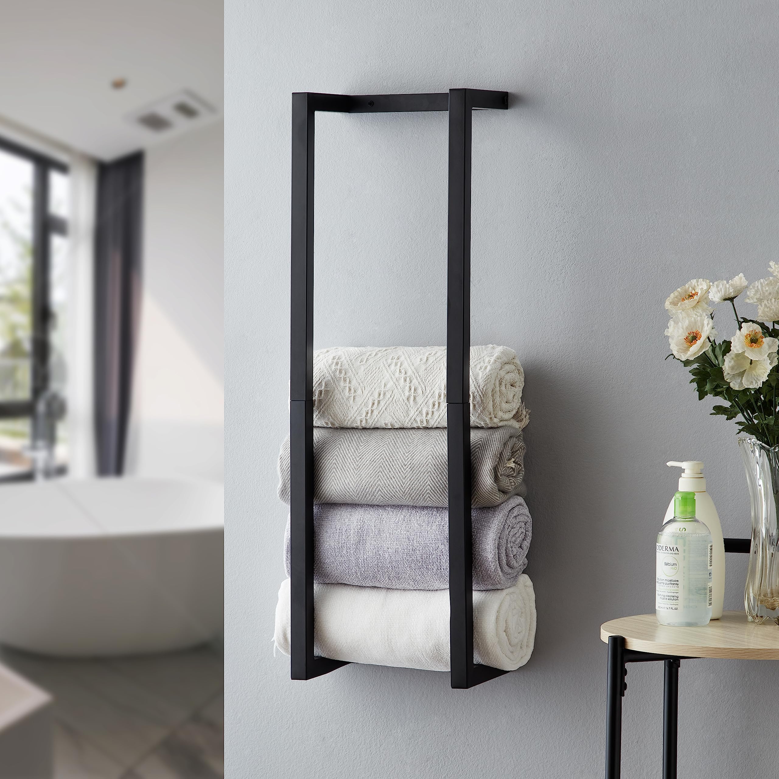Towel Rack for Rolled Towels Towel Rack for BathroomWall Mounted Metal Bathroom Organizer Bath Towel Holder Wall for Modern Small Space Bathroom Towel Storage (Black)