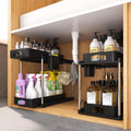 2 Pack Under Sink Organizers and Storage 2 Tier Adjustable Height Bathroom Cabinet Organizer Double Sliding Under Sink Storage Rack for Bathroom Under Counter Storage Organizer with Hooks Black