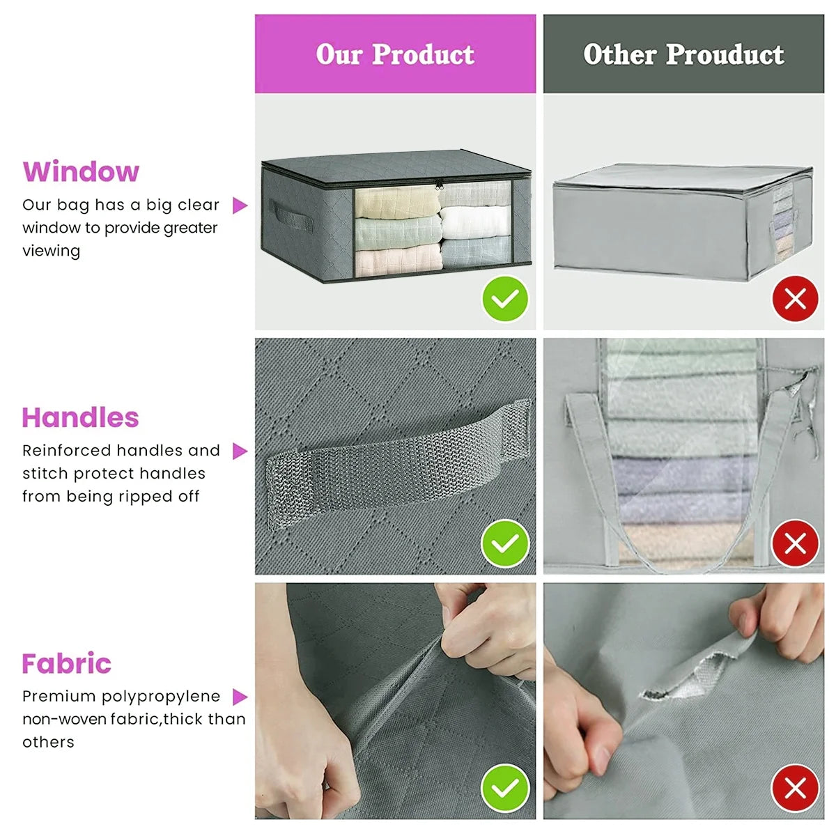 Foldable Storage Box, 6 Pack Clothes Organizer with Clear Windows, Sturdy Handles Storage Bag 19.7 X 13.78 X 7.87 Inches, Gray