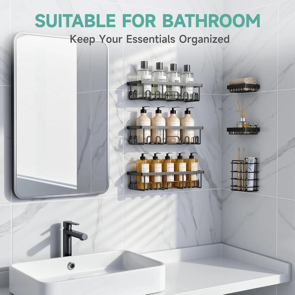 Rustproof & Waterproof Shower Caddy 6-Pack, No Drilling Adhesive Wall Mounted Shower Shelves Rack, Heavy Weight Bearing, Large Organizer Storage Accessories, Ideal for Bathroom, Home & Kitchen