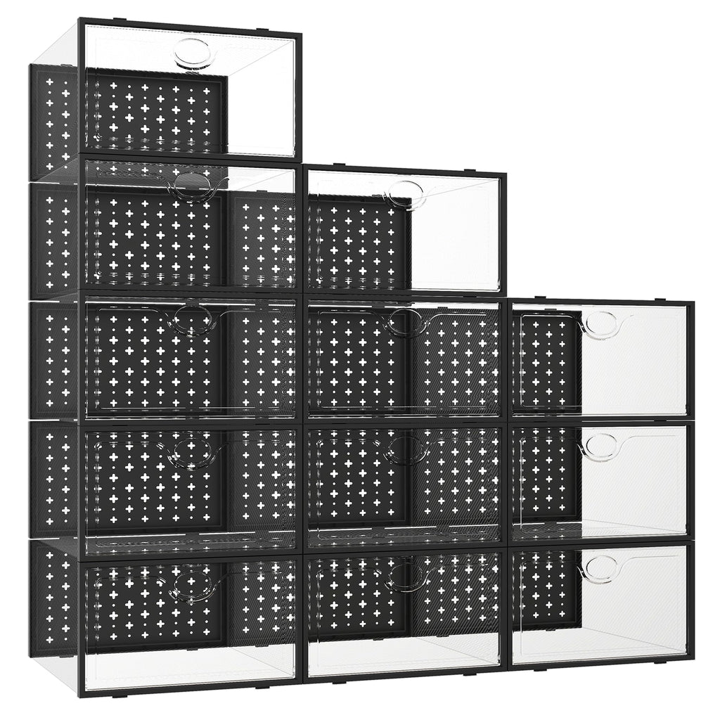 Pinkpum Large 12 Pack Shoe Storage Boxes Shoe Organizer for Closet clear Plastic Stackable Shoe Dispaly Case Bins Holder Sneaker Storage Black