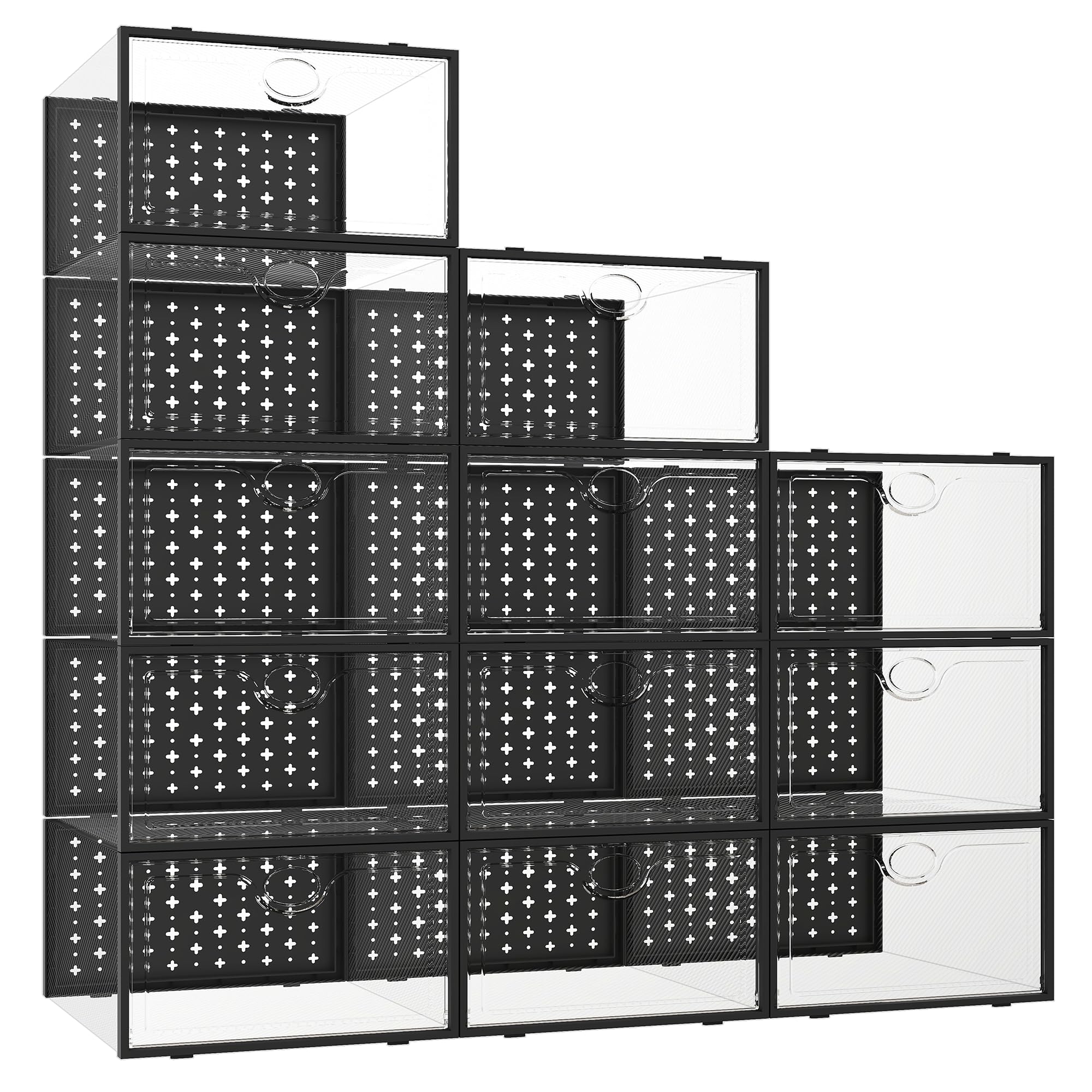Pinkpum Large 12 Pack Shoe Storage Boxes Shoe Organizer for Closet clear Plastic Stackable Shoe Dispaly Case Bins Holder Sneaker Storage Black