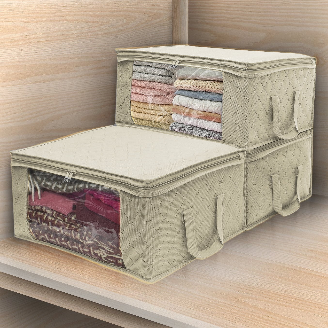 Space-Saving and Durable Shelves Clothing Storage, Beige, 3 Count