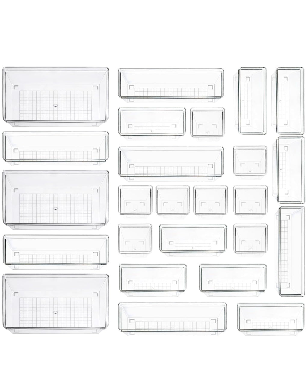 Clear Plastic Drawer Organizer Storage - 25Pcs 4 Size Desk Bathroom Kitchen Organizers and Accessories Office Organization Vanity Stackable Drawers Bins Trays Containers Dividers Makeup Sets