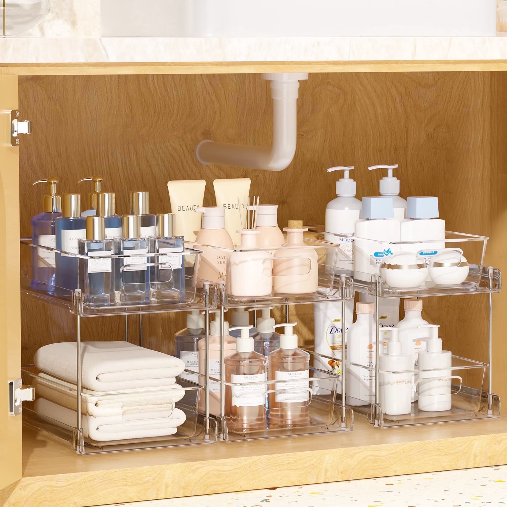 3 Pack Bathroom Plastic Storage Organizer, 2 Tier Clear under Sink Organizers Vanity Countertop Storage Container