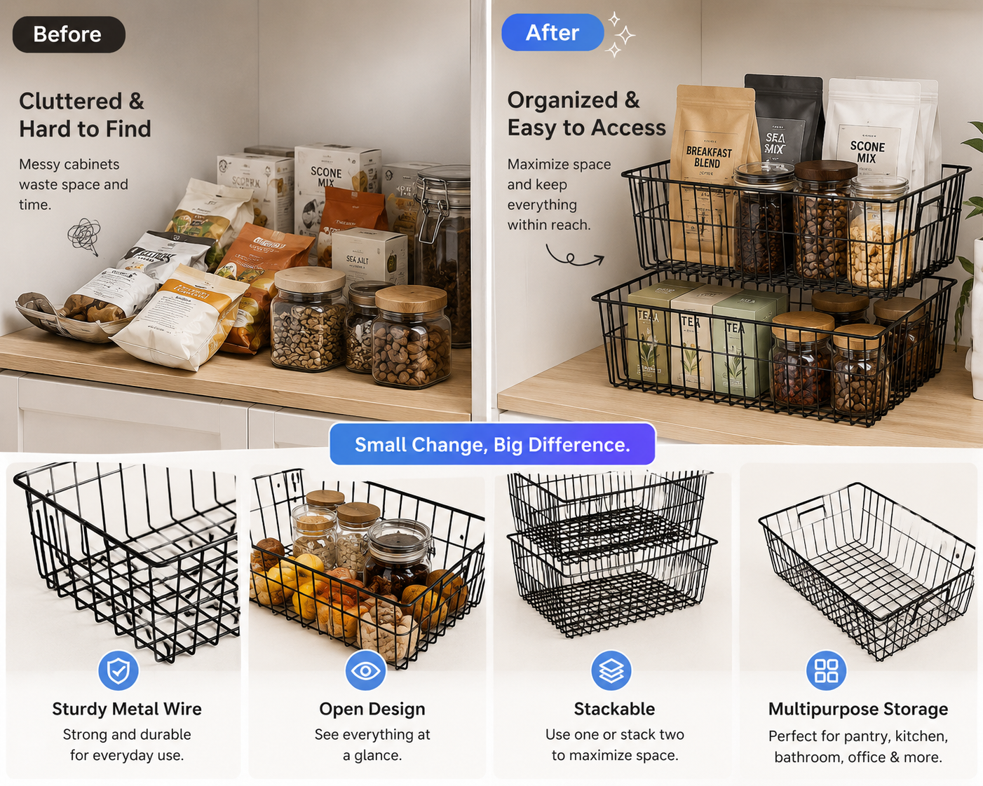 SANNO Freezer Baskets Metal Storage Organizer Bin Basket Wire Storage Basket for Kitchen Pantry Bathroom Large Metal Farmhouse Food Fruit Produce Organizer Binsblack2