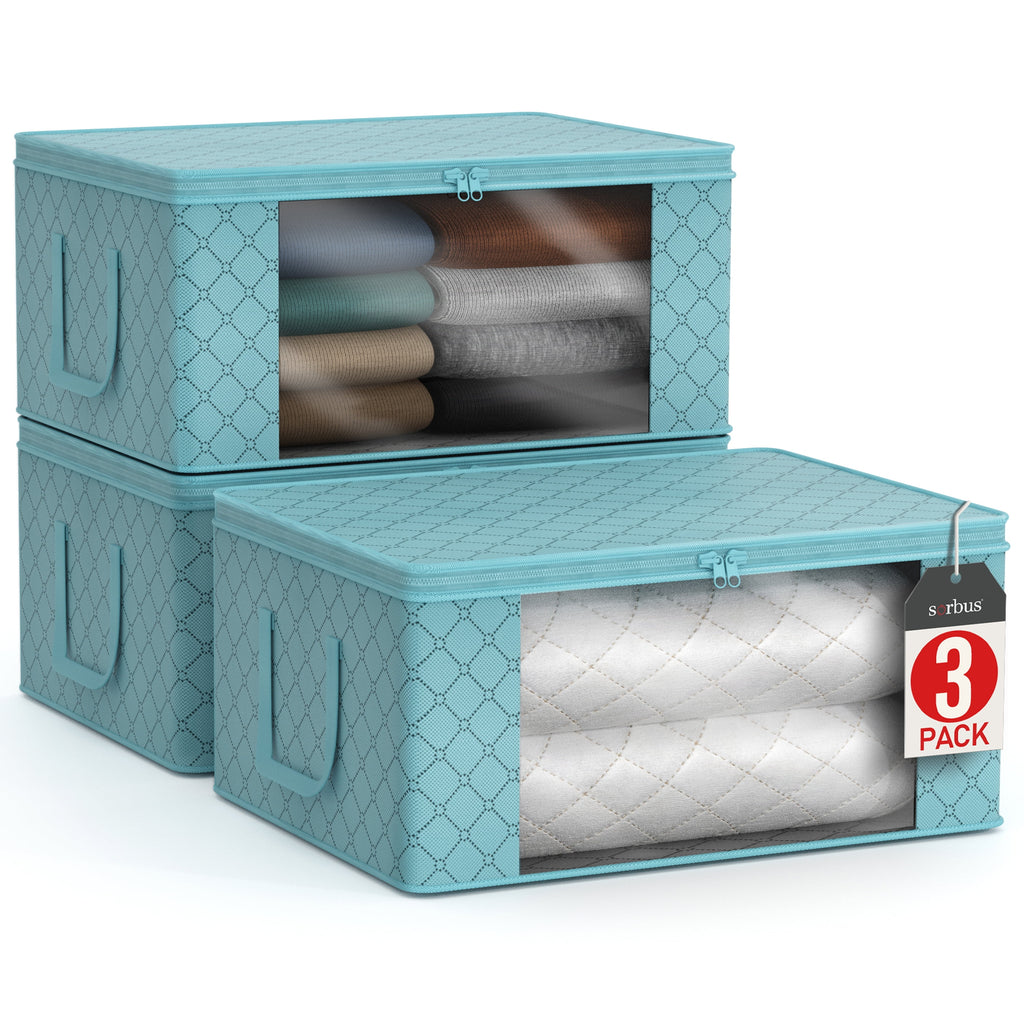 Foldable Storage Bag Organizers, Clear Window & Carry Handles, Great for Clothes, Blankets, Closets, Bedrooms, and More, 19" L X 14" W X 8" H (3 Pack)