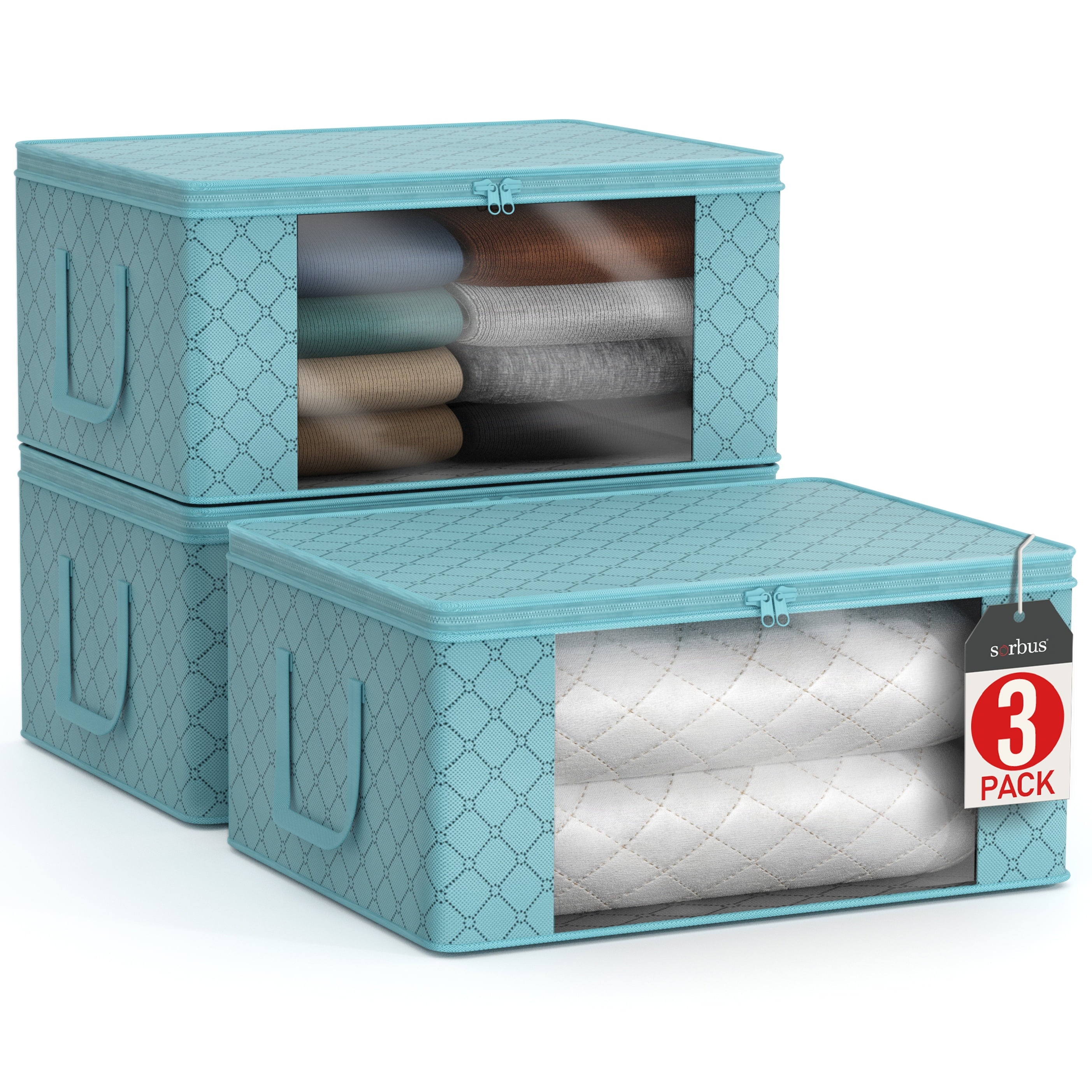 Foldable Storage Bag Organizers, Clear Window & Carry Handles, Great for Clothes, Blankets, Closets, Bedrooms, and More, 19" L X 14" W X 8" H (3 Pack)