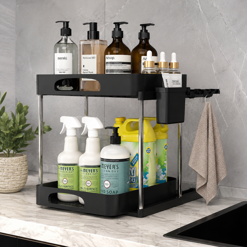 2 Pack Under Sink Organizers and Storage 2 Tier Adjustable Height Bathroom Cabinet Organizer Double Sliding Under Sink Storage Rack for Bathroom Under Counter Storage Organizer with Hooks Black