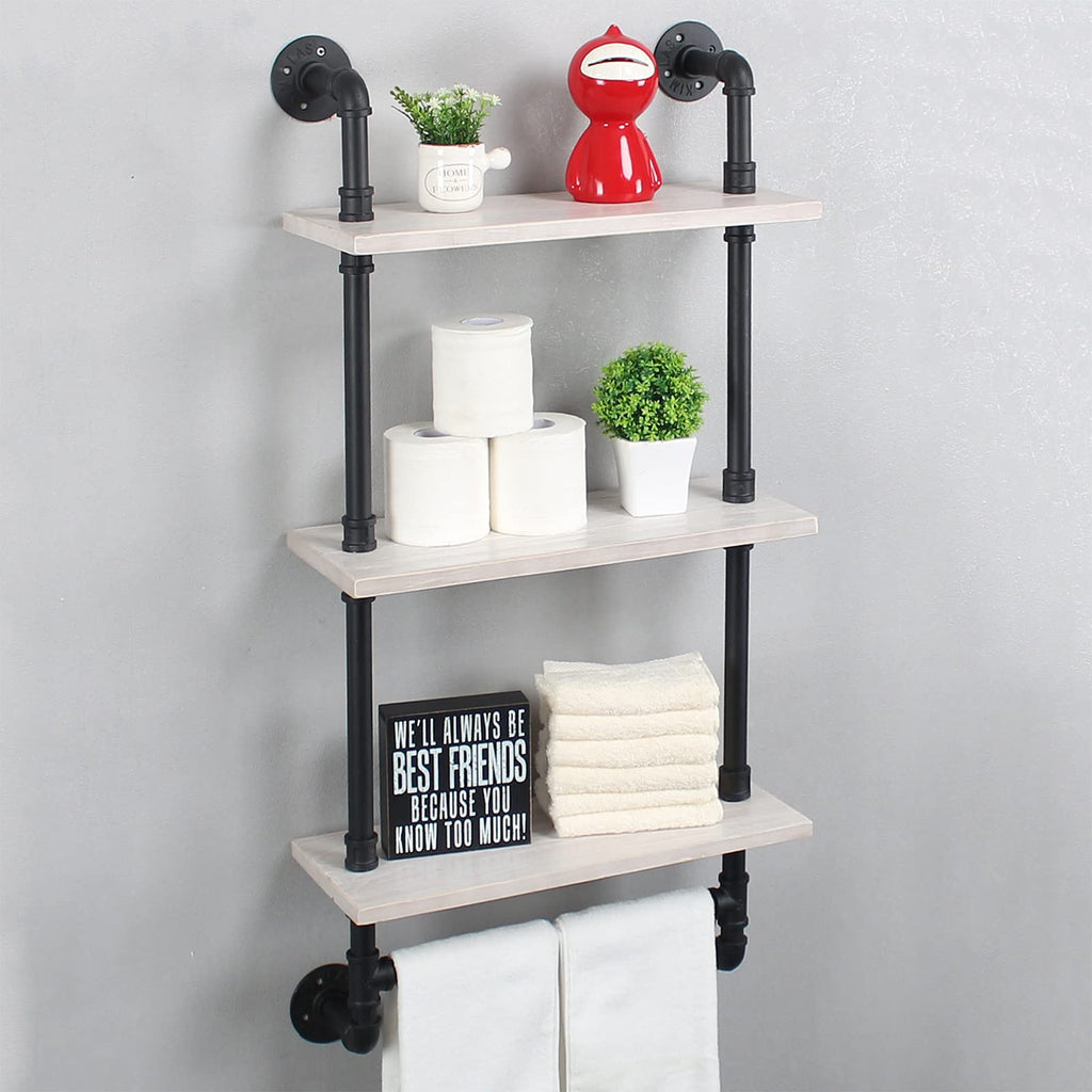 Industrial Pipe Shelf Bathroom Shelves Wall Mounted19.6in Rustic Wood Shelf with Towel Bar3 Tier Farmhouse Towel Rack Over ToiletPipe Shelving Floating Shelves Towel HolderRetro Grey