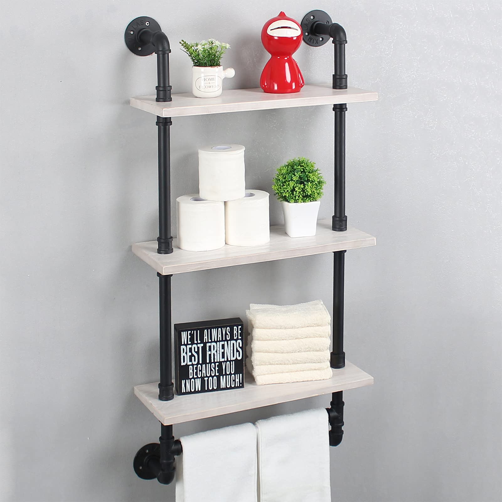 Industrial Pipe Shelf Bathroom Shelves Wall Mounted19.6in Rustic Wood Shelf with Towel Bar3 Tier Farmhouse Towel Rack Over ToiletPipe Shelving Floating Shelves Towel HolderRetro Grey