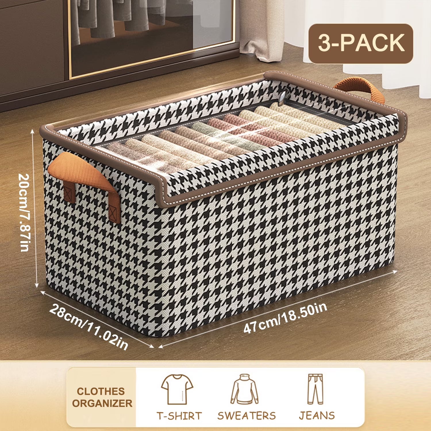 3 Pack Fabric Storage Bins with Lids, Wardrobe Storage Organiser, Stackable Storage Bin, Foldable Storage Baskets with Handle, Closet Organizers and Storage Boxs for Toys, Clothes, Home, Office
