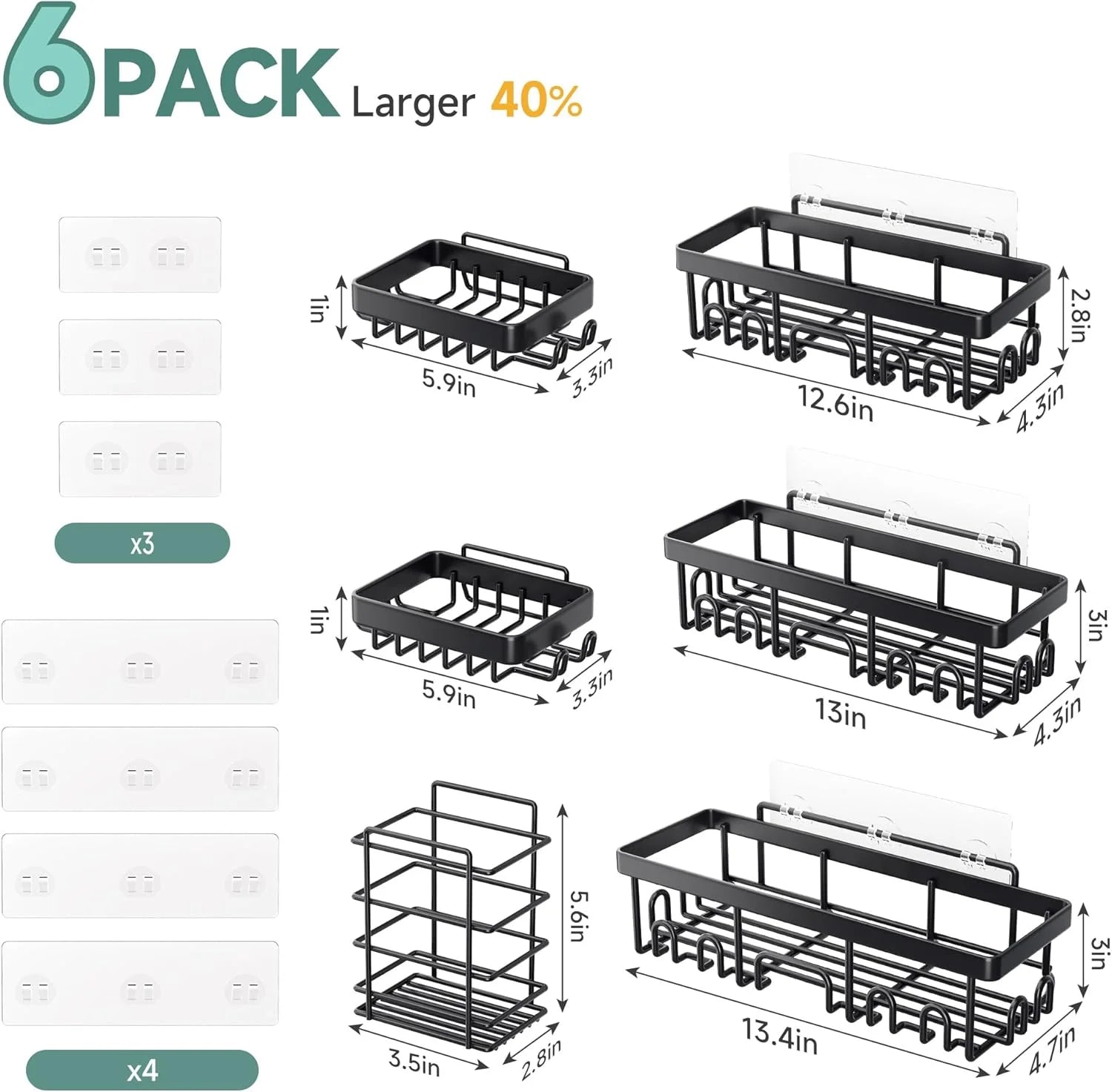 Rustproof & Waterproof Shower Caddy 6-Pack, No Drilling Adhesive Wall Mounted Shower Shelves Rack, Heavy Weight Bearing, Large Organizer Storage Accessories, Ideal for Bathroom, Home & Kitchen
