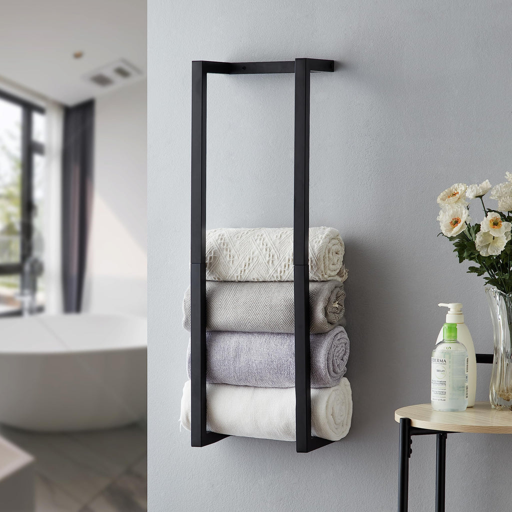 Towel Rack for Rolled Towels Towel Rack for BathroomWall Mounted Metal Bathroom Organizer Bath Towel Holder Wall for Modern Small Space Bathroom Towel Storage (Black)
