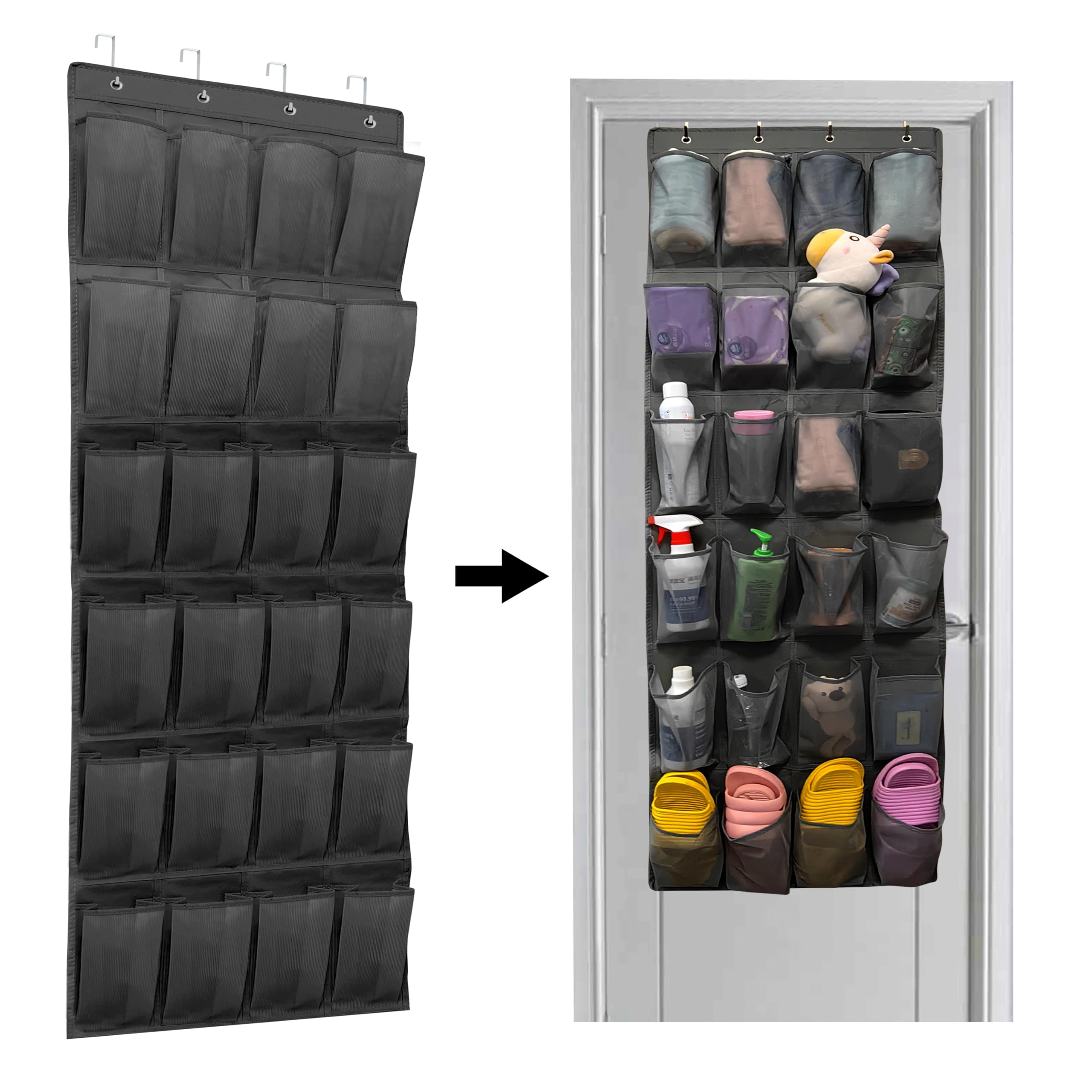 WANLD Over the Door Shoe Organizer 24 Large Breathable Mesh Pockets Breathable Closet Storage，Up to 40 Pounds Over the Door Sneakers. (Black Pack of 1)