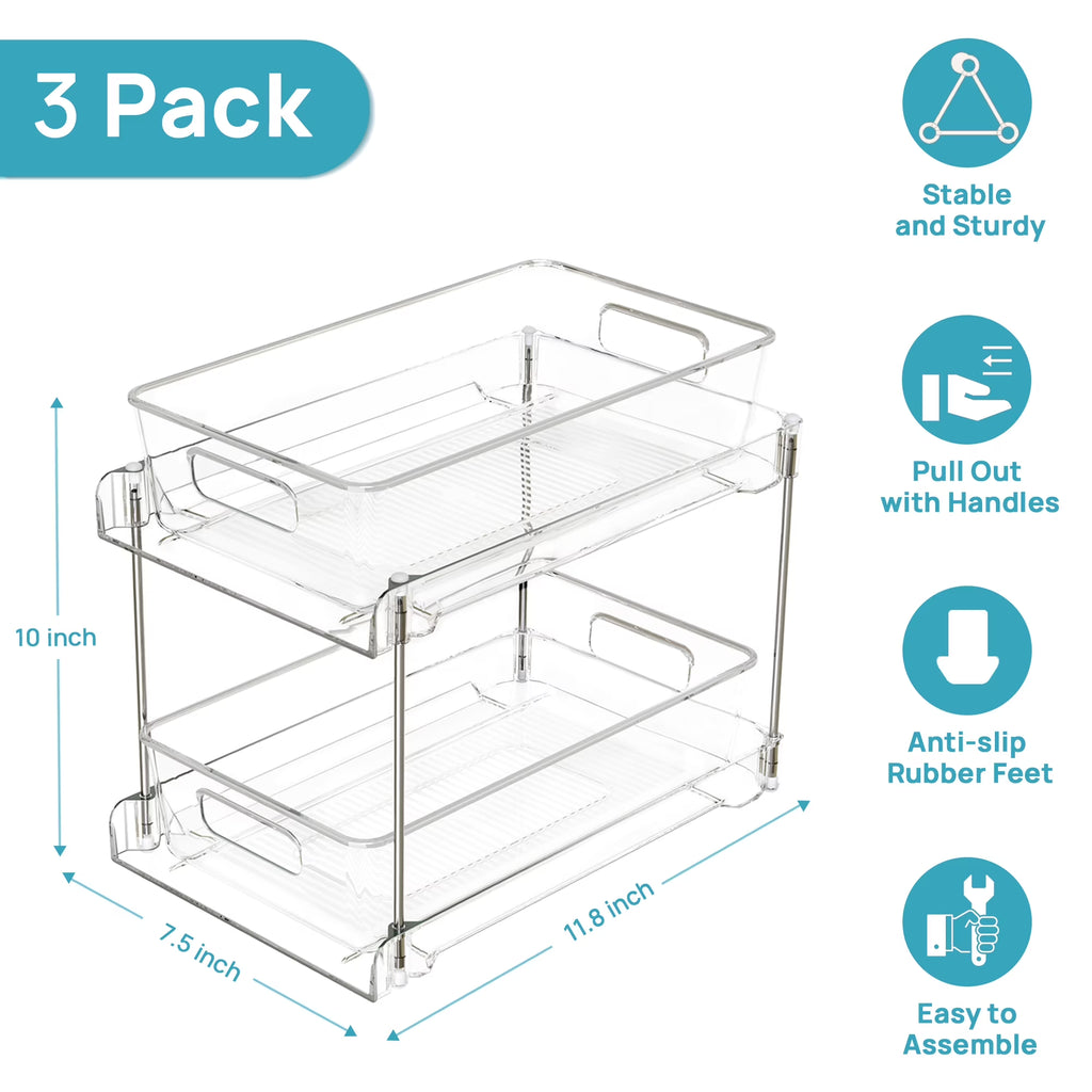 3 Pack Bathroom Plastic Storage Organizer, 2 Tier Clear under Sink Organizers Vanity Countertop Storage Container