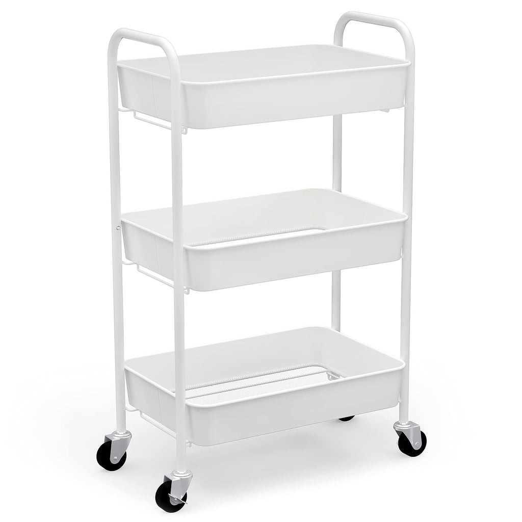 CAXXA 3-Tier Rolling Metal Storage Organizer - Mobile Utility Cart Kitchen Cart with Caster Wheels White