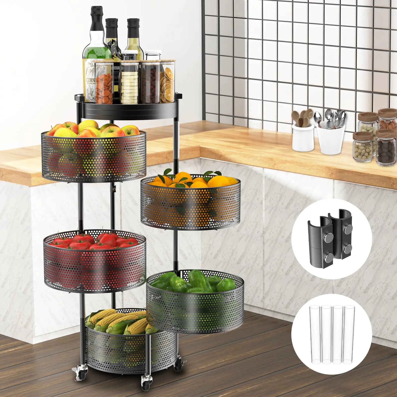 5 Tier Rotating Storage Rack Cart With Metal Top Lid