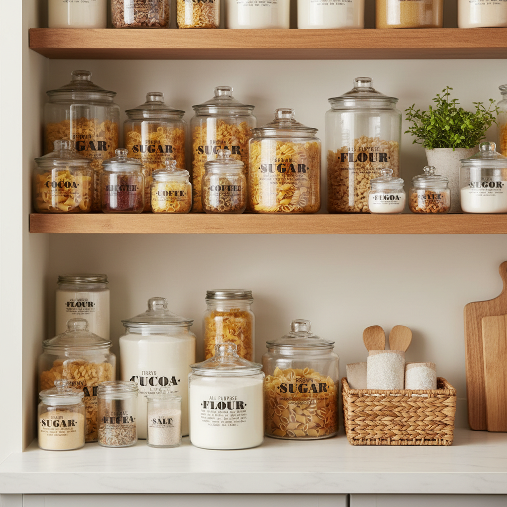 Beautifully organized pantry with farmhouse-style preprinted ingredient labels on glass jars