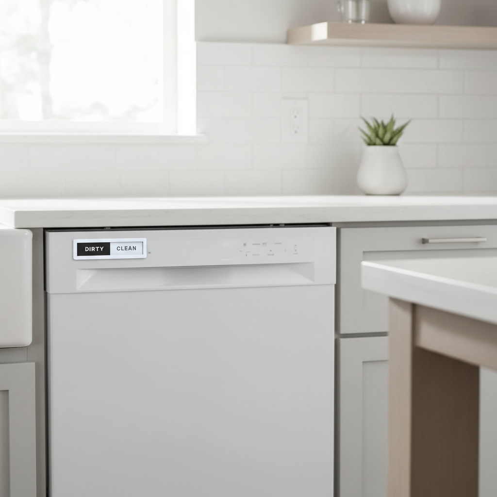 White clean dirty dishwasher magnet sign on a modern dishwasher in a bright kitchen