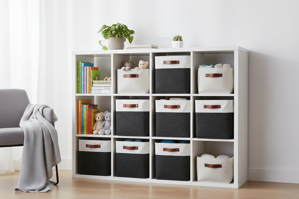 Black and white linen fabric storage baskets on cube shelves in a bright organized living room