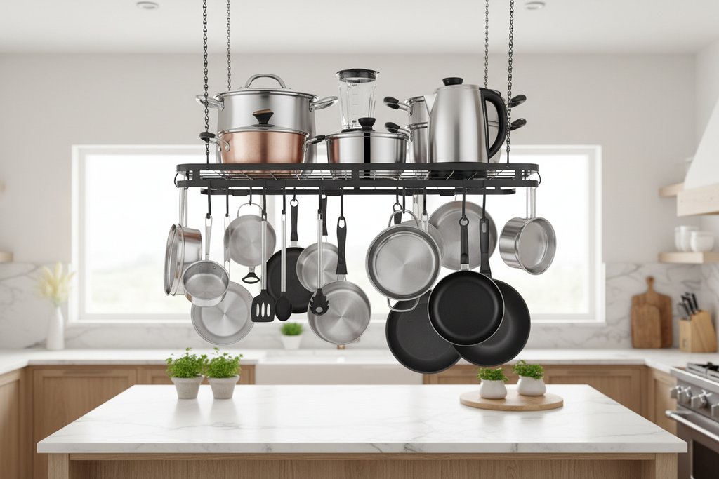 Black wrought iron ceiling pot and pan rack in a bright modern kitchen with pots and pans hanging from hooks
