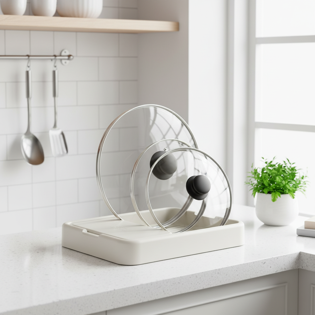 White pot lid rack on a clean kitchen countertop with lids neatly organized upright