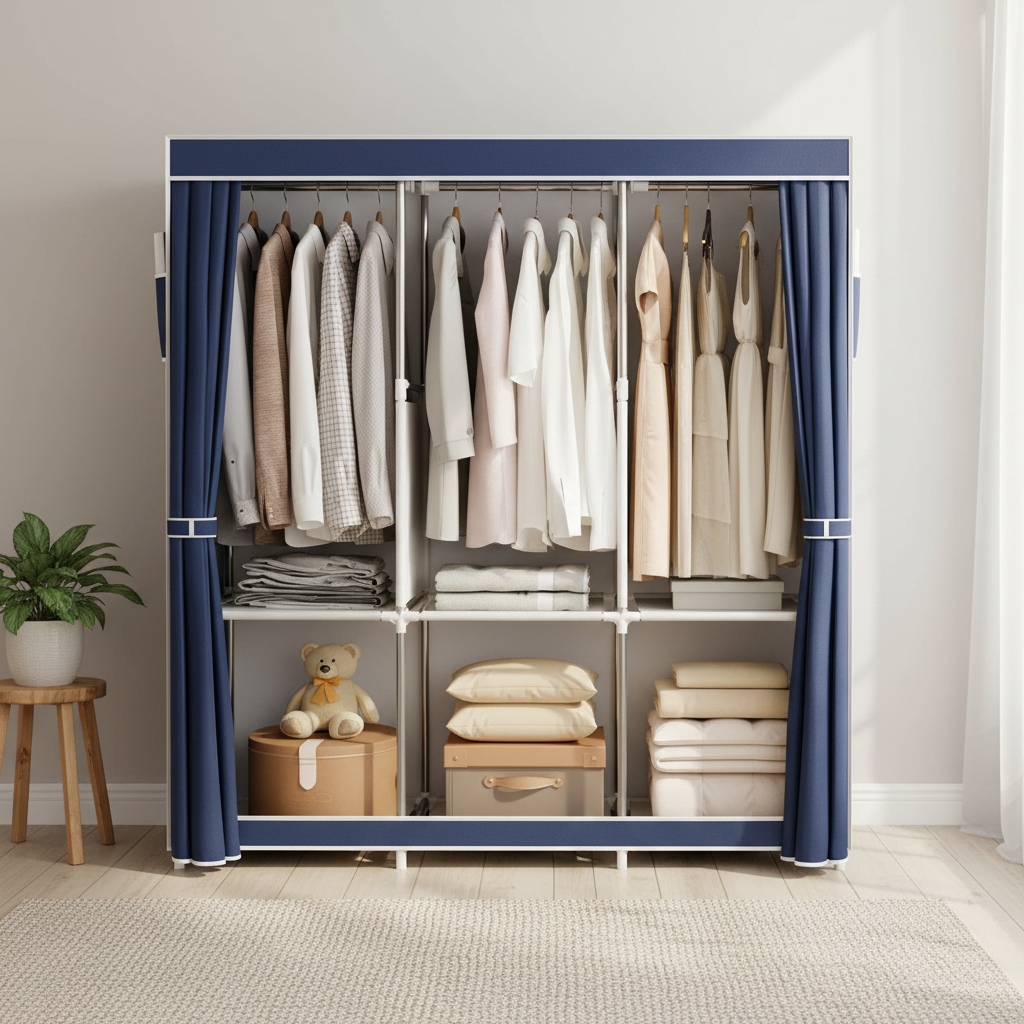 Portable blue wardrobe closet set up in a bright bedroom with clothes neatly organized