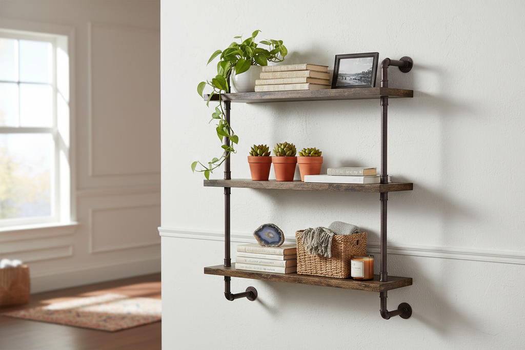 3-tier rustic wood and bronze industrial pipe floating shelf styled with plants and books on a white wall