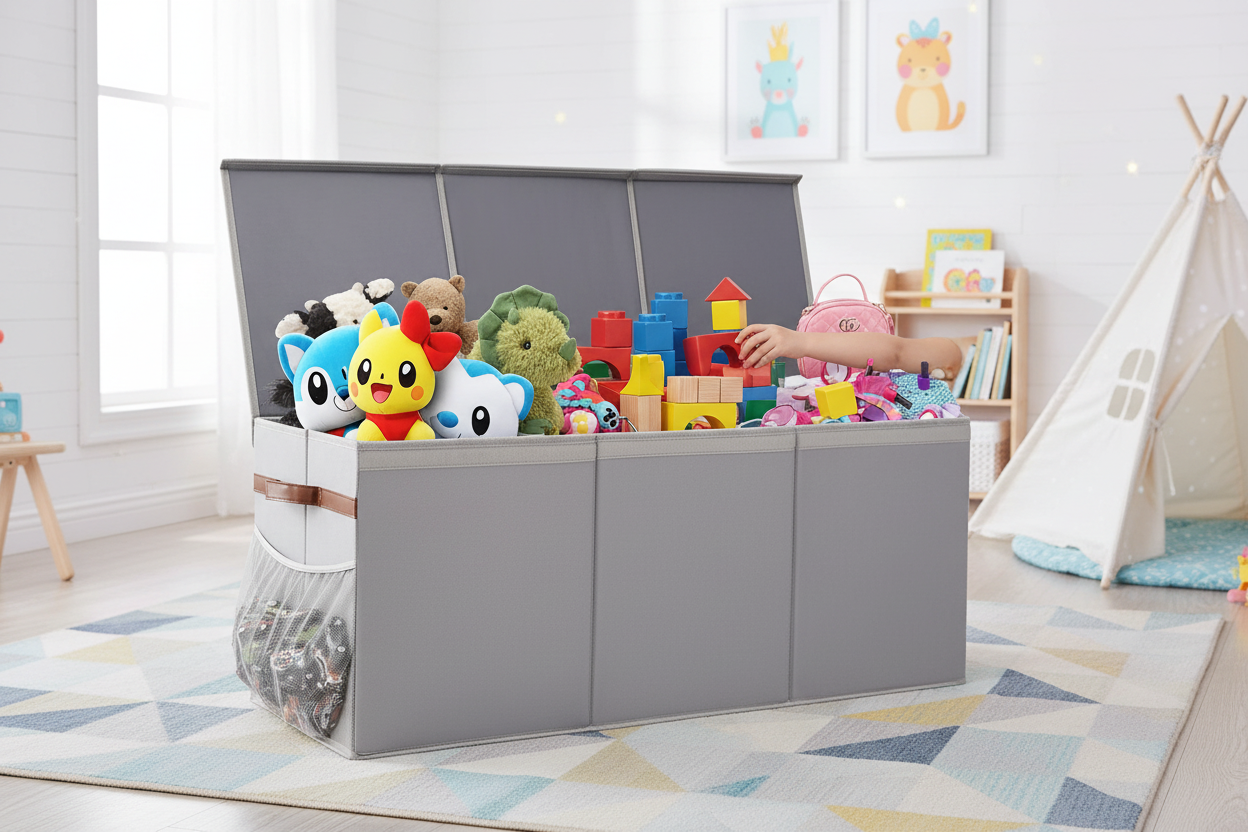 Large collapsible toy box with lids in a bright kids playroom filled with colorful toys and stuffed animals